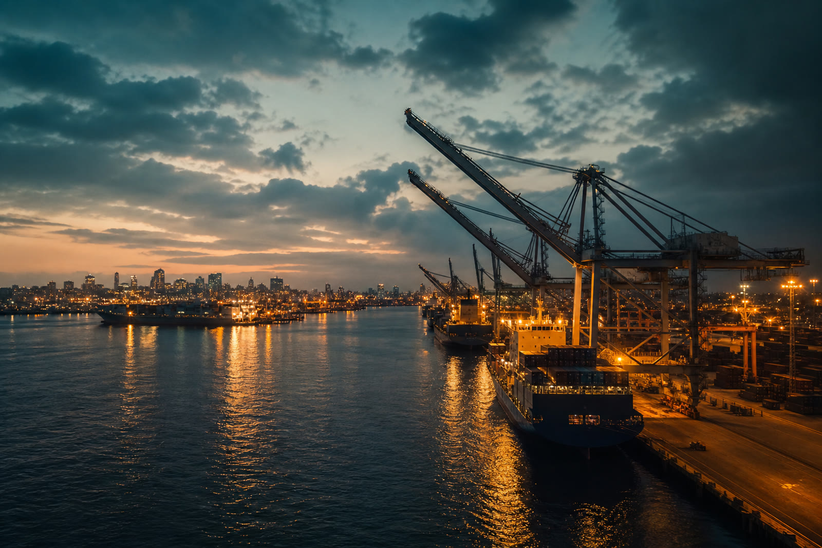 Port cranes at dusk