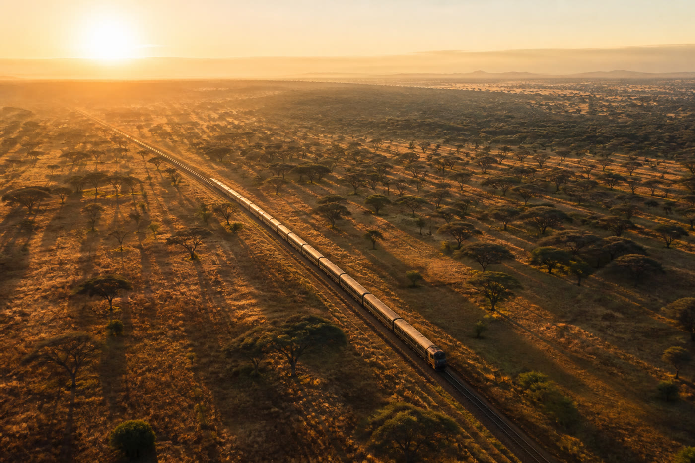 Railway through savanna at sunrise