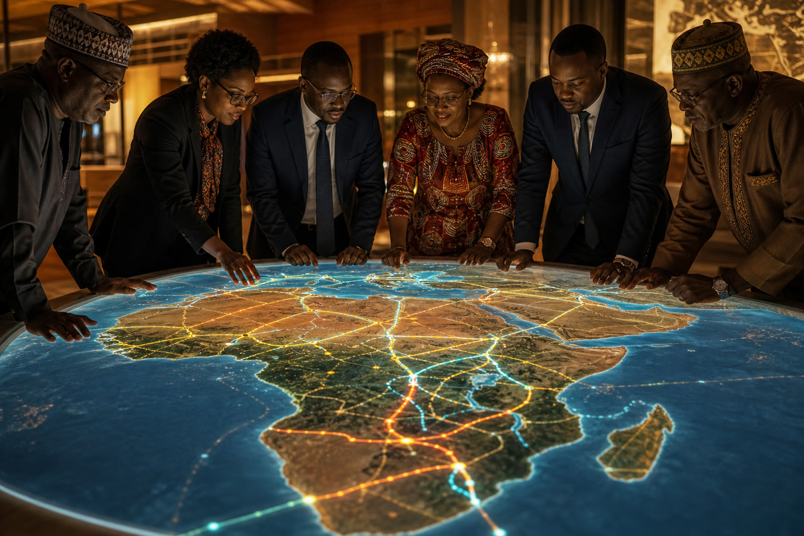 Planners gathered around an illuminated corridor map